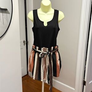 Black Ribbed Tank with Striped Paperbag Waist Skirt